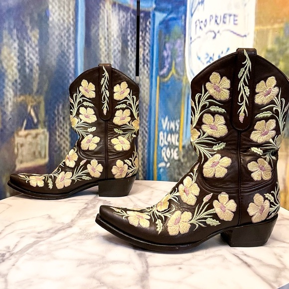 Old Gringo Fuchila Embroidered Cowboy Boots Leather Chocolate Floral 8B GUC - Picture 1 of 8